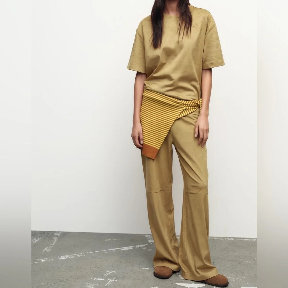 Zara NWT 2 piece matching SET tan faux suede tee shirt & wide leg pants